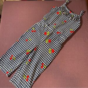 Plaid Cherry Girls Romper in Navy Blue and White - Size Girls 6-7